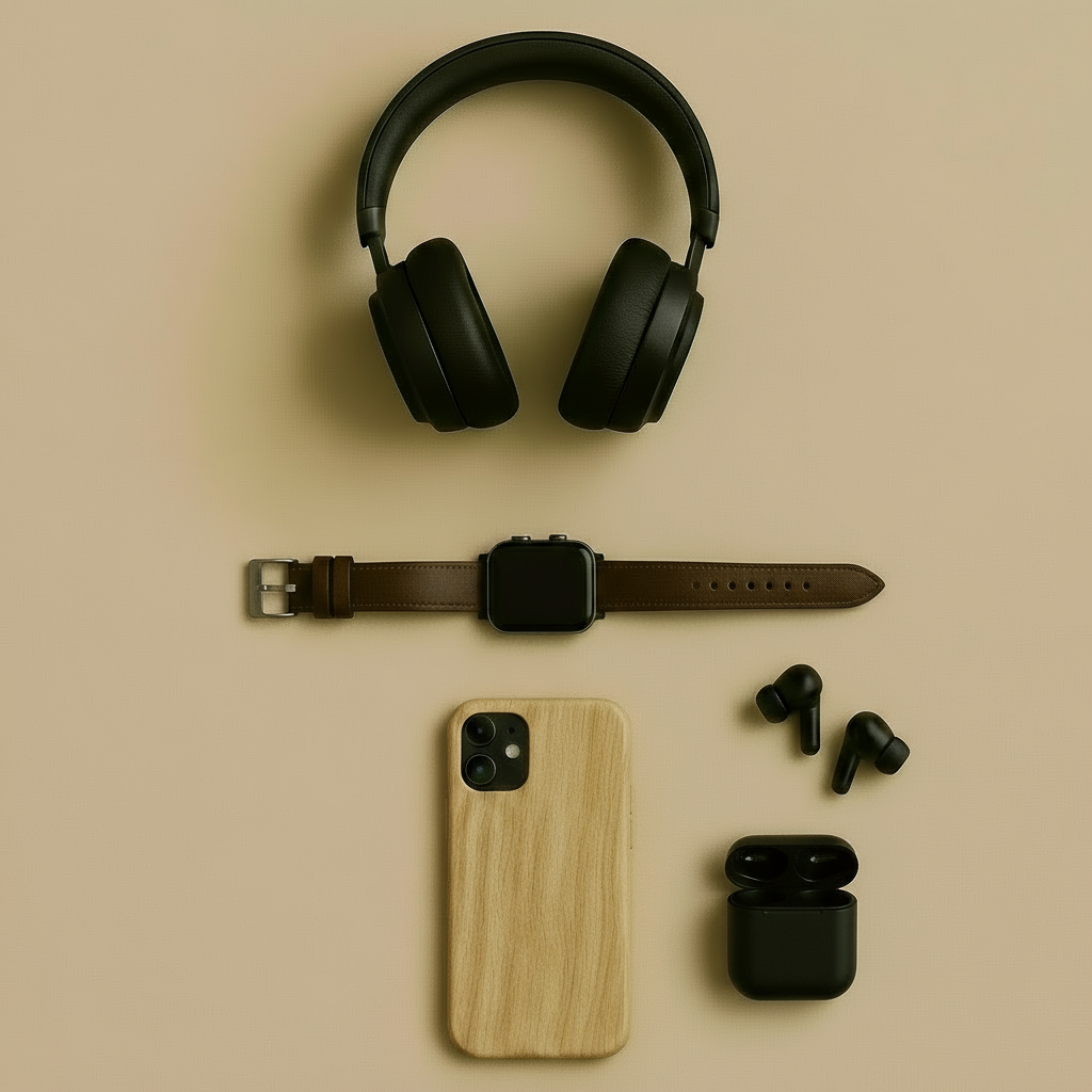 Prylar, hörlurar, mobilskal, laddare