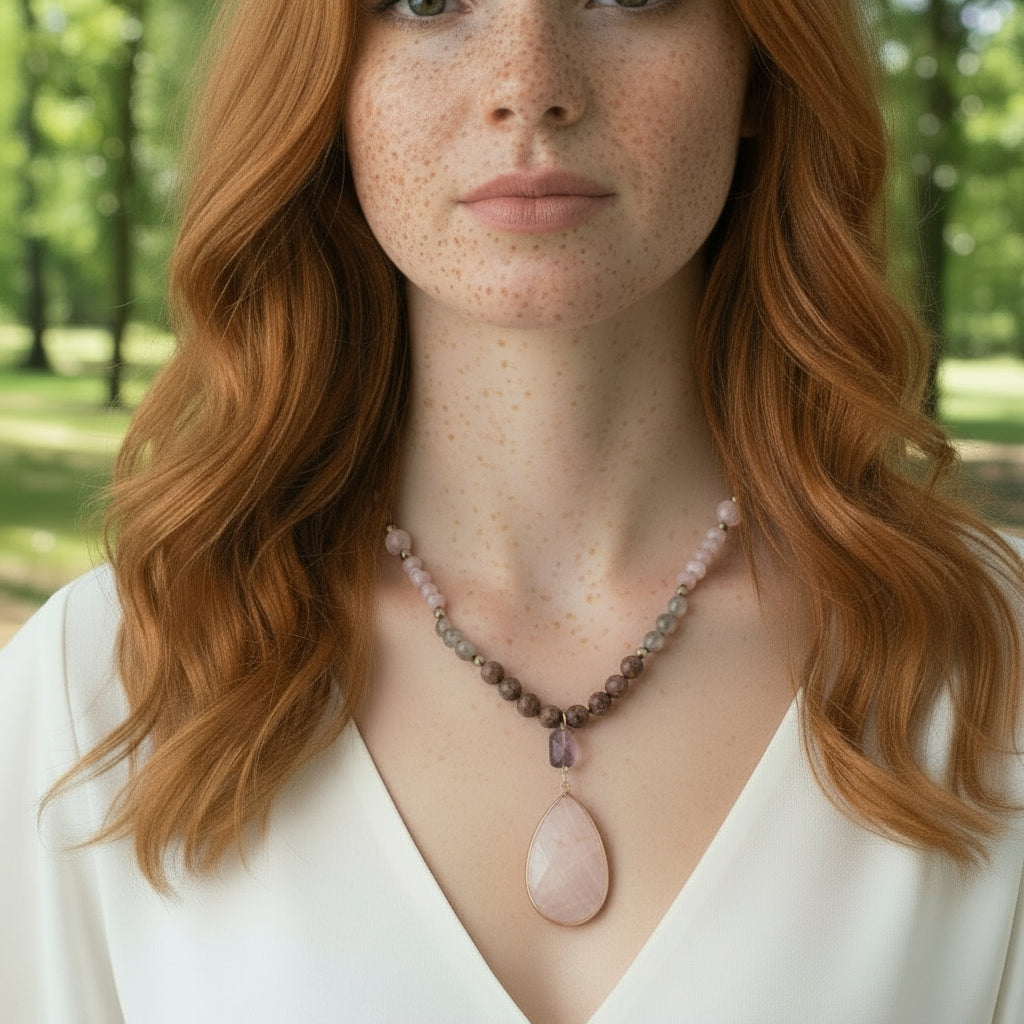 Vintageinspirerat halsband av naturliga stenar i bohemisk stil med global inspiration