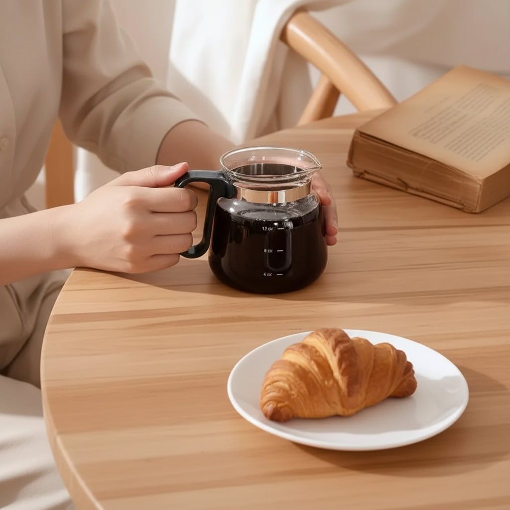 Kaffekanna miniatyr på bordet med croissant.