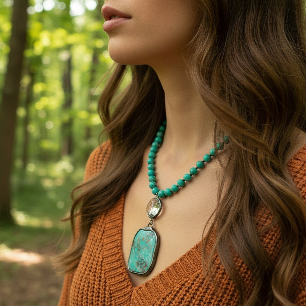 Vintageinspirerat halsband av naturliga stenar i bohemisk stil med global inspiration