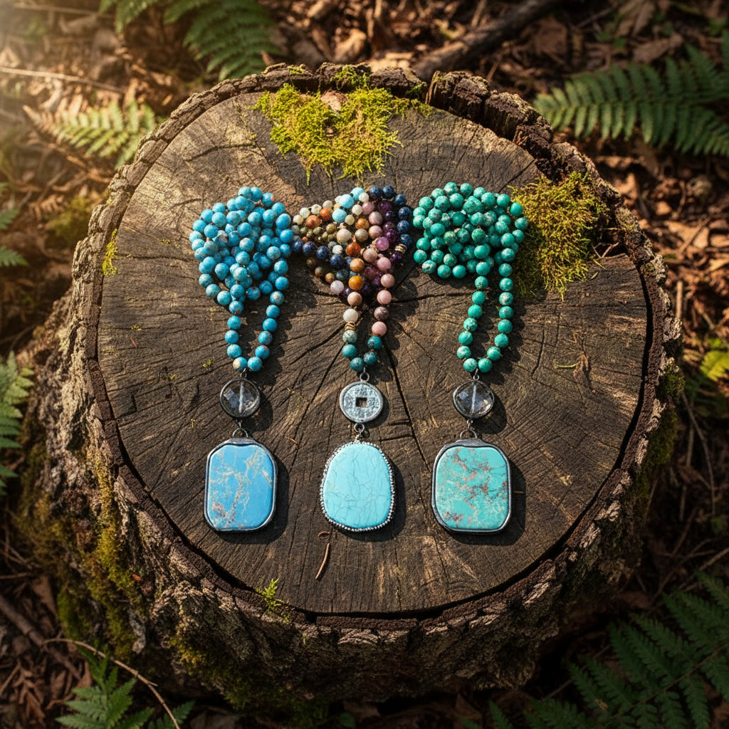 Vintageinspirerat halsband av naturliga stenar i bohemisk stil med global inspiration